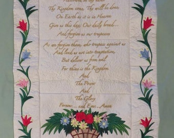 The LORD'S PRAYER Embroidered on White Cotton - Banner, Wall Hanging - Religious Decor - Embroidered Prayer