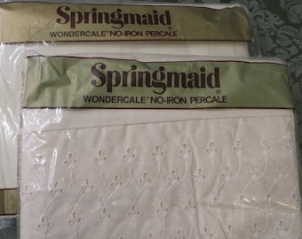 Vintage Twin Sheet Set - Eyelet Top Sheet - No-Iron Percale Fabric - Off White/Cream Color - Vintage Bed Linens