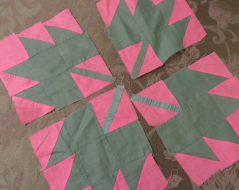 Quilt Blocks MAPLE LEAF Pattern, Vintage Green Pink and Green Quilt Blocks  8 1/2" to 9" Sq  //  4 Blocks  // Cotton Fabric. Hand Pieced