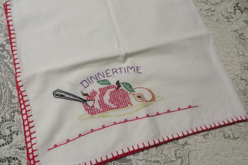 Large Kitchen Towel Cotton with Hand embroidery DINNERTIME Red Green Yellow and Black Embroidery with Red Edging