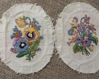 Two Oval Embroidered Pieces - Pansy Flowers, and Violets - Pieces for Re-Purposing, Framing, Upcycling into Crafts
