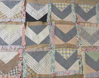 Antique QUILT BLOCKS, Early 1900s Fabrics - Cotton Fabrics, Plaids, Checks, Stripes, Florals - 12 Blocks - Fabric for Quilt repair