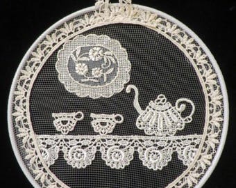 Vintage Handmade LACE PICTURE, Wall Plaque - Kitchen Shelf with Tea Pot, Cups - Loop for Hanging - 6 Inch Diameter