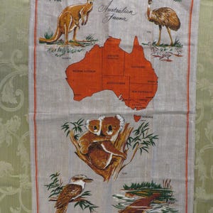 Serviette en lin Animaux australiens - lin écru fabriqué en Pologne 31" x 18"//serviette de cuisine en lin//carte de l'Australie, koala, kangourou
