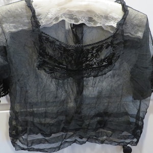 May include: A black sheer top with black lace trim and embroidery. The top has short sleeves and a round neckline.
