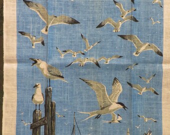 Vintage (NOS) Kay-Dee LINEN Towel  //  Seagulls, Boats, Pier  //  Made in Rhode Island, U.S.A. //  Ocean Blue, Black, White, Gray