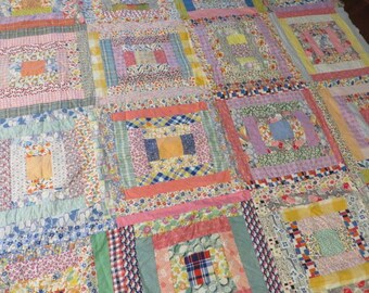 Quilt Top - LOG CABIN, Foundation Pieced - Many Feed Sack Prints - All Cotton - Vintage Quilt Top - 60" sq. - Multi Colored Quilt Top