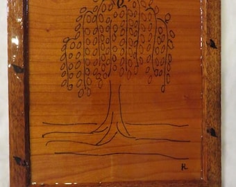 Vintage Sketch, Painting, or Drawing on a Board, Framed and Heavily Shellacked - 10 1/4" x 8 5/8" - Wood Frame