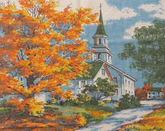Linen Towel 1973 Calendar Towel  // Kitchen Linen Towel - Colors Gold Orange Blue Black  //  CHURCH Scene in Autumn  // Linen Calendar Towel
