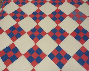 Antique QUILT Red White and Blue Squares   //  Hand Quilted  //  82" by 64"  //  Nine Patch On Point Pattern  //  Vintage Quilt