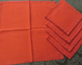 Vintage NAPKINS Fall/Autumn Dark ORANGE   //  Linen Fabric, Wide Hem, Hemstitched, Mitered Corners   17" Inches Sq. - 5 Napkins