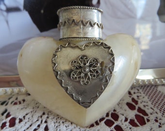 Unique Bottle Mother of PEARL and Nickel  // Heart Shaped Container or Bottle // Antique Mother of Pearl