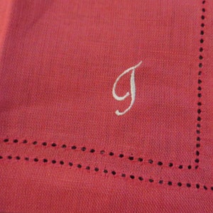 NOS, Pink NAPKINS, Monogrammed &quot;G&quot; Napkins in LINEN - Set of 8  //  Open Work Hem, Hem Stitched  //  22&quot; sq. Large Dinner Size