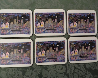 COASTERS Australian City of SYDNEY  //  Sydney Opera House, Sydney Harbour Bridge  //  Cork backs - Set of 6 - Made in New Zealand
