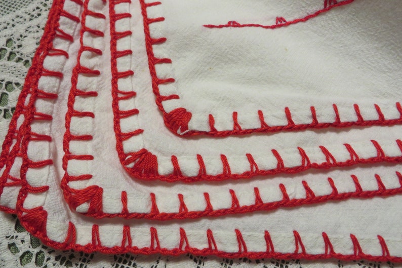 Large Kitchen Towel Cotton with Hand embroidery DINNERTIME Red Green Yellow and Black Embroidery with Red Edging