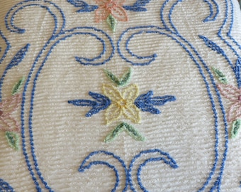 Vintage CHENILLE BEDSPREAD  //  White, Cobalt Blue, Yellow, Pink, Green, Peach  //  101" by 86", Full-Double Size  //  Antique Chenille