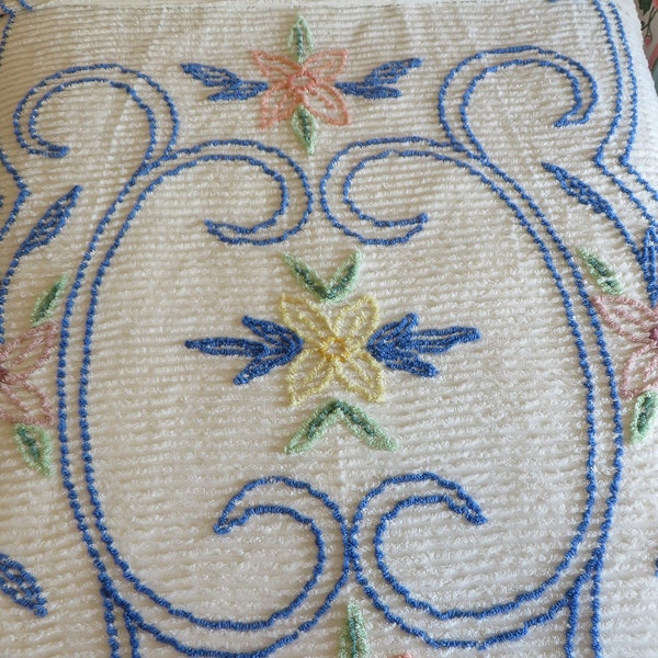 Vintage CHENILLE BEDSPREAD  //  White, Cobalt Blue, Yellow, Pink, Green, Peach  //  101" by 86", Full-Double Size  //  Antique Chenille