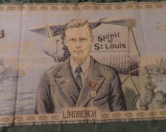 Large FRENCH TAPESTRY  //  Spirit of St. Louis with LINDBERGH'S Plane, Flew from New York to Paris  //  Woven Tapestry, France  // 58" x 20"