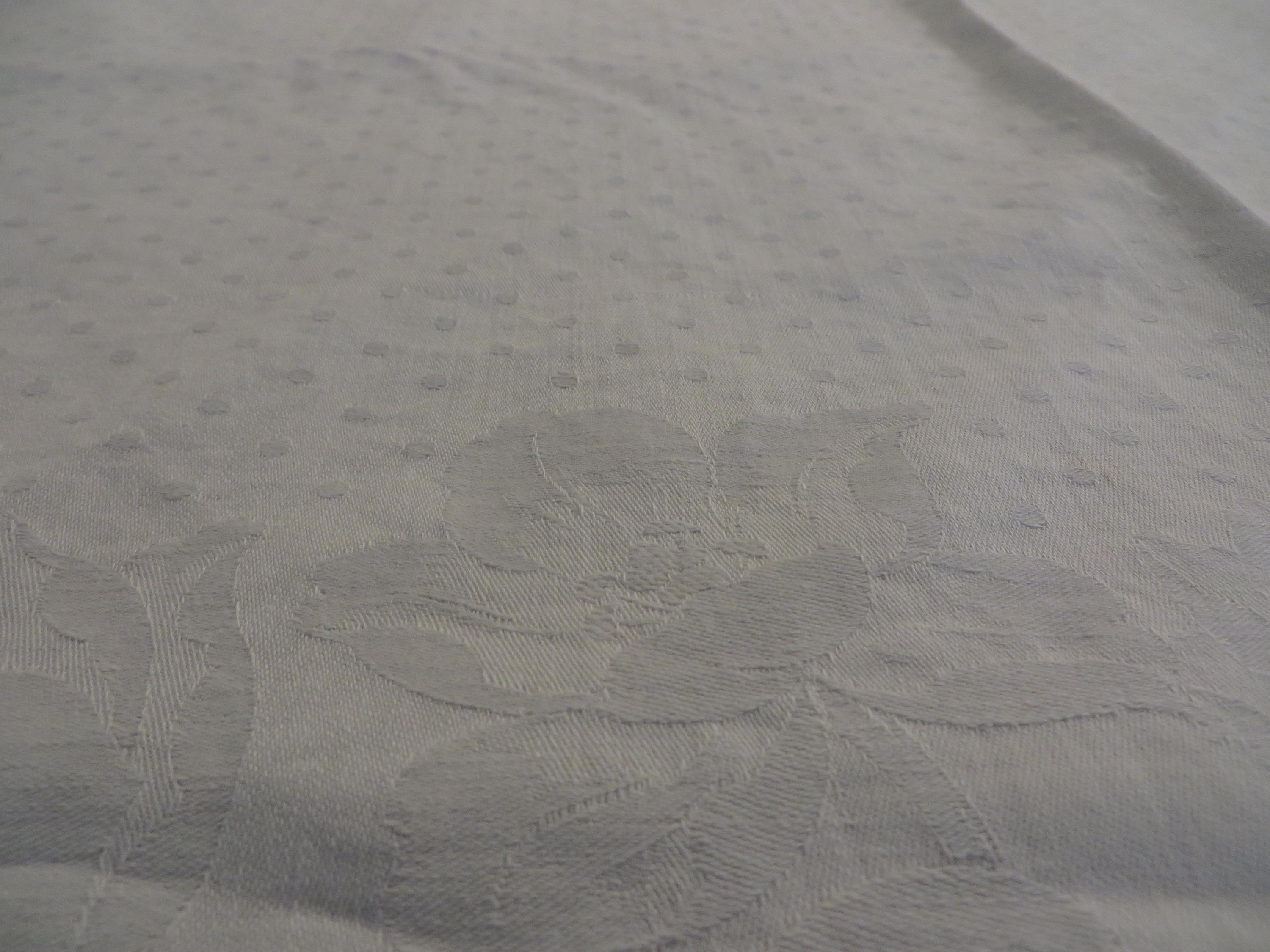 White DAMASK TABLECLOTH, Iris Flowers, Polka Dots  76" x 64" Tone on Tone Tablecloth  //  Vintage Table Linens, Quality Fabric