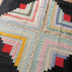 Antique Small QUILT, 1930&#39;s Cottons, Satins, Plaids, Florals  //  Size 35&quot; Sq. Log Cabin Pattern  //  Wall Hanging