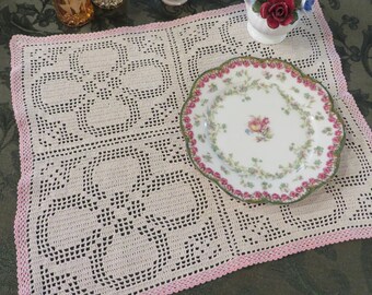 Vintage Crocheted PINK and Ecru DOILY  //  Vintage Pink and Cream Table Linens  //  Hand Crocheted in PINK and Light Beige  -  14" by 11"