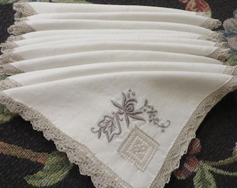 Vintage Heirloom NAPKINS - Set of 12 - LINEN Fabric, Lace - Heirloom Quality Dinner Napkins with Embroidery, Knotted Lace, in Linen