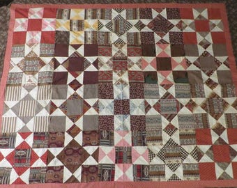 Antique Quilt Top, Mostly Antique Brown Cottons, Yellow, Pinks, Rust, Madder Browns, Off White -  64" x 53"