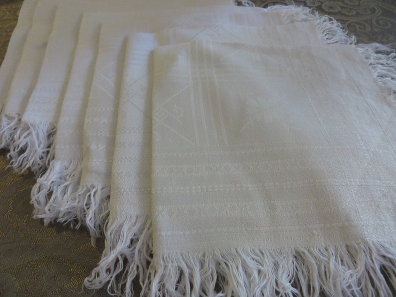 Set of Seven Napkins White on White Floral and Gridded Pattern Unique White Fringe 14 Square