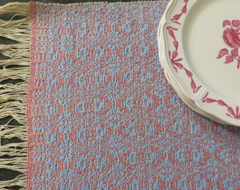 Vintage Hand Woven MAT, Placemat, Table Mat  //  Light Blue and Pink, Off white Fringe  //  11 1/2" x 10 1/2" Excluding Fringe