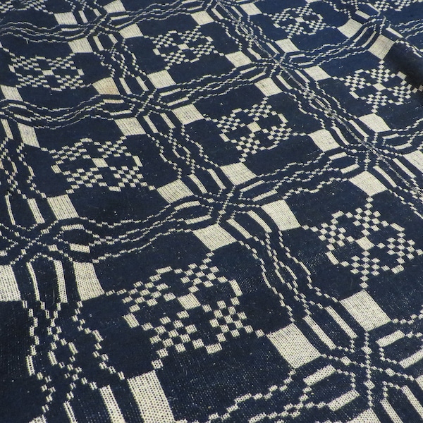 Antique Overshot WOOL Blanket, 2 Panels  //  Vintage Wool Coverlet  //  Navy and Off white  //  Center Seam Hand Stitched