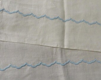 Vintage LINEN TABLE RUNNER or Dresser Scarf - White Linen with Aqua Blue Embroidery - 40" Long, 16 1/2" Wide