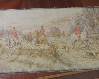 Antique Tapestry  "FOX HUNTING" Scene Made in BELGIUM - Browns, Beiges, Tan, Off white, Faded Reds, Gold, Green - 20" Tall by 39" Wide