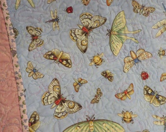 Small Lap Quilt or Crib QUILT - Machine Quilted - 33" by 30"  //  PINKS, Blues, Wine Color, White  //  BUTTERFLIES on the Back