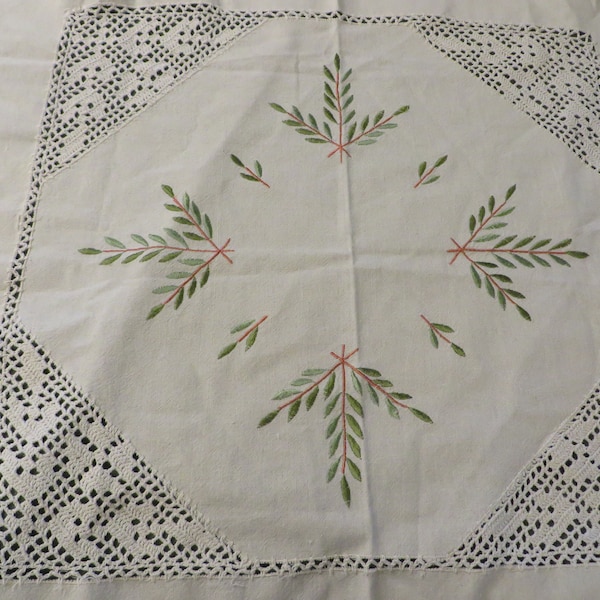 Vintage Small Tablecloth in Off White, Green, Copper  //  Crocheted Inserts, Edging  //   32 1/4" x 31 1/4"  //  Embroidered Leaves