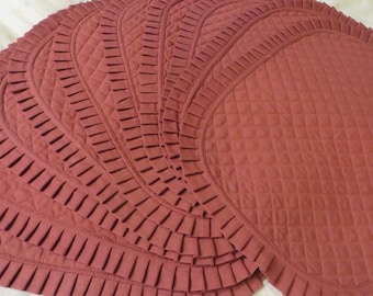 Vintage PLACEMATS Ruffled Edges, Machine Quilted, Oval Shape - SET of 10 - Dark Mauve, or Pinkish Brown - Nice Quality Placemats