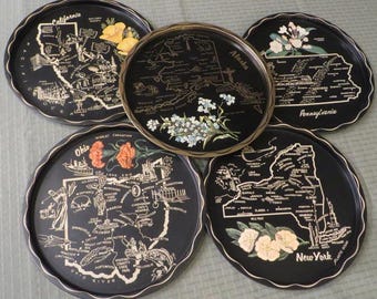 Vintage STATE Serving TRAY - Alaska, California, New York, Ohio, or Pennsylvania - Round, with State Map, State Flower, Major Cities