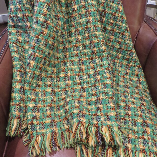 Vintage WOOL "DEWEY'S of Vermont" Blanket  //  Quechee Gorge, VT  //  Woven Wool Blanket, Plaid Pattern in Green, Gold, Orange, Black, Blue