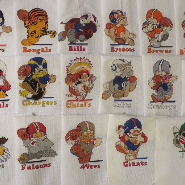 Vintage FOOTBALL Cross STITCHED Pictures, 28 to Choose From  //  Cotton Aida Cloth  //  Vintage Football NFL Collectible  //  Hand Stitched