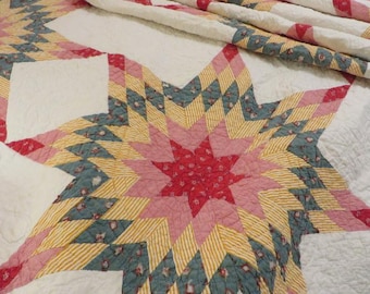 Beautiful QUILT, Antique Feathered Star - Extraordinary Hand Quilting, Heavily Quilted Throughout - Bright Colors - Large 86" x 84"