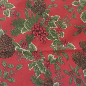 Large CHRISTMAS TABLECLOTH 104&quot; by 62&quot;   Vintage Christmas Table Decor  //  Dark Red, Green HOLLY and Berries, Pinecones  // Poly Cotton