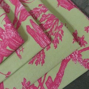 Vintage NAPKINS, Set of 4  //  Fuchsia Pink - Lime Green in Toile Print  //  Cotton Fabric, Wide Hem, Mitered Corners  //  18 1/4&quot; x 20 1/2&quot;