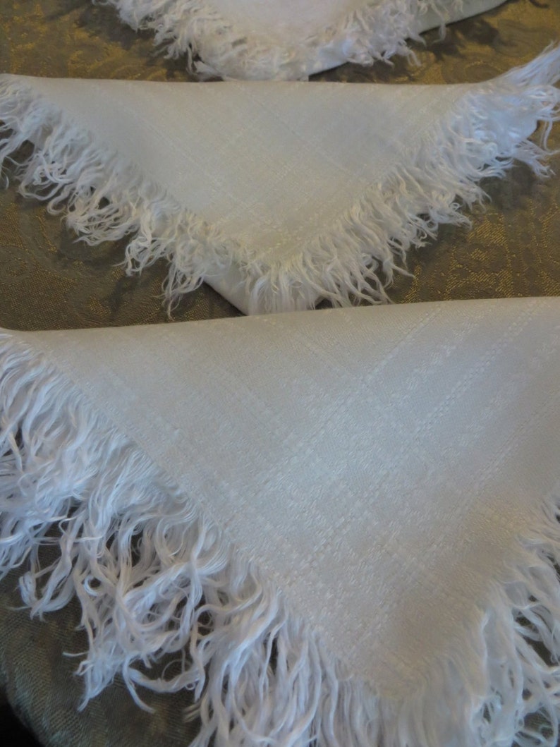 Set of Seven Napkins White on White Floral and Gridded Pattern Unique White Fringe 14 Square