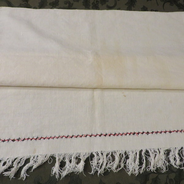 Antique Linen, Primitive Mantle Scarf  //  44" long by 23 1/4" Deep  //  Openwork - Cutwork w/ Red trim  //  Fringed  on 3 Sides