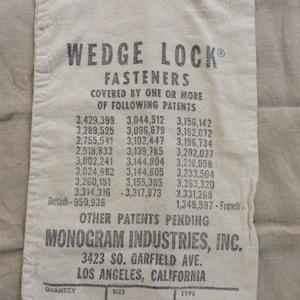 Vintage WEDGE LOCK Sack, Los Angeles California  //  Vintage Cloth Sack  //  &quot;Monogram Industries Inc.&quot;  //  18&quot; x 10&quot; - Full Sack