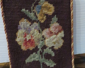 Door Stop, Homemade with NEEDLEPOINT PANSY Flowers  //  Hinged, Wooden Wedge to Hold the Door Open  //  Wool, Hand Stitched PANSIES