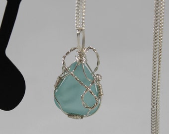 Sea Glass Necklace - Aqua Sterling Silver Wrapped