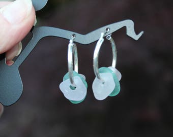 Sea Glass Earrings - Multi Colored Sterling Silver Hoops Pierced