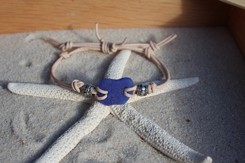 Cobalt Sea Glass Tan Leather Bracelet