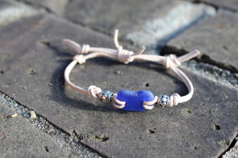 Cobalt Sea Glass Tan Leather Bracelet