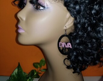 Black, Pink Glitter Diva Wood Earring